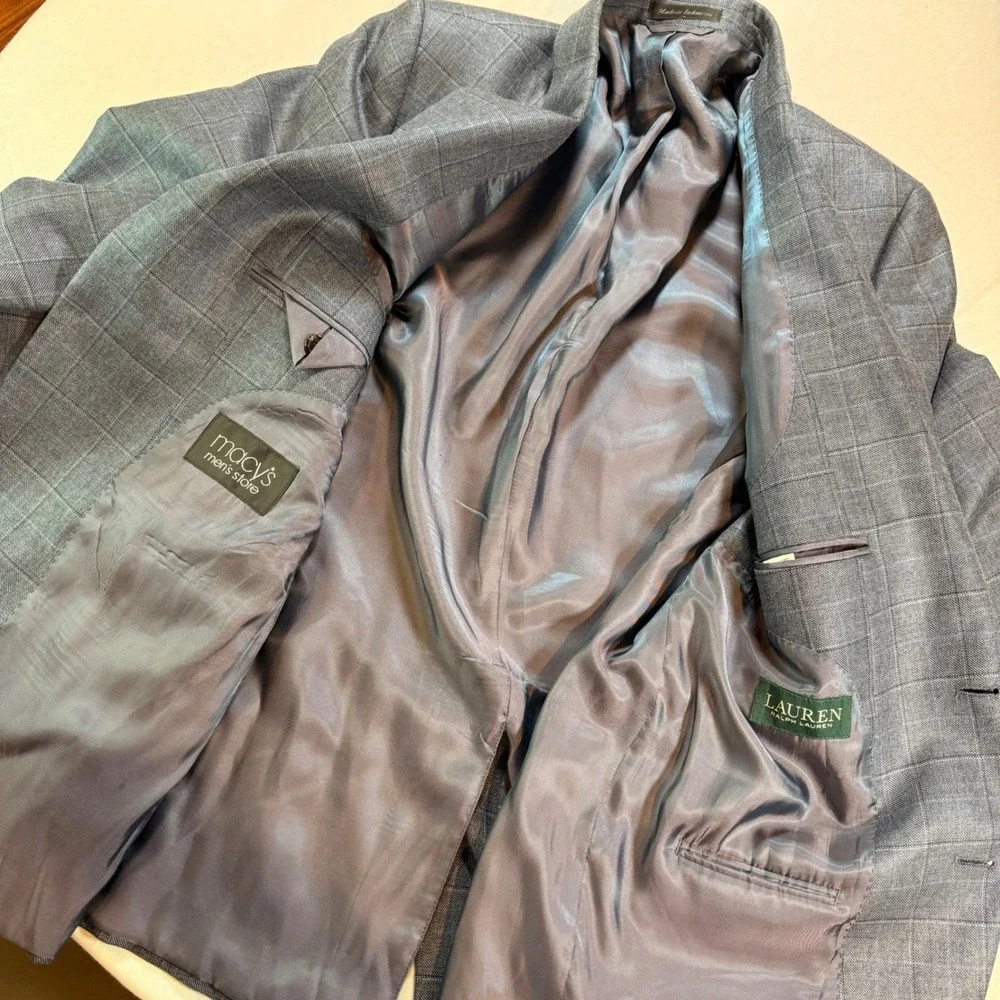 Lauren Ralph Lauren Blazer Men 44R Blue Silk Wool Windowpane Sport Coat Luxury